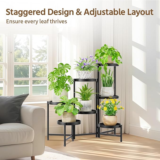 LASZOLA 7 Tier Large Plant Stand Indoor Tall with 10 Inch Metal Tray, Corner Folding Flower Display Rack, Modern Plant Holder Shelf for Outdoor Patio Porch Garden Office Living Room, Black