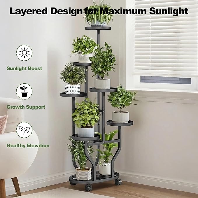 Plant Stand with Wheels 6 Tier Metal Flower Shelf for Indoor Outdoor Corner Multiple Plants Holder Rack for Bedroom Living Room Garden Balcony Yard Black (Black, 6 Tier)