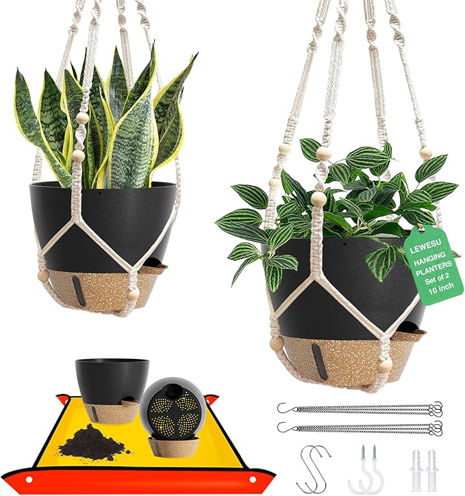 LEWESU Set of 2 Hanging Planters for Indoor Plants with Self Watering Includes Hanging Pots and 2 Types Plant Hangers, Outdoor Hanging Baskets Holder for Home Garden, 10 Inch Midnight Black