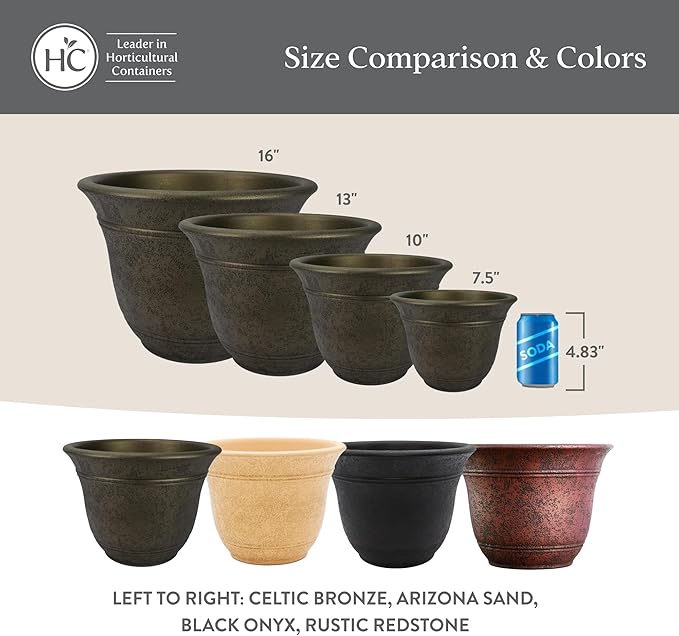 The HC Companies Sierra Round Self-Watering Pot - Lightweight Plastic Planter for Herbs & More - Durable Plant Pots for Indoor Plants & Outdoor Plants (16” Black Onyx, Pack of 1)