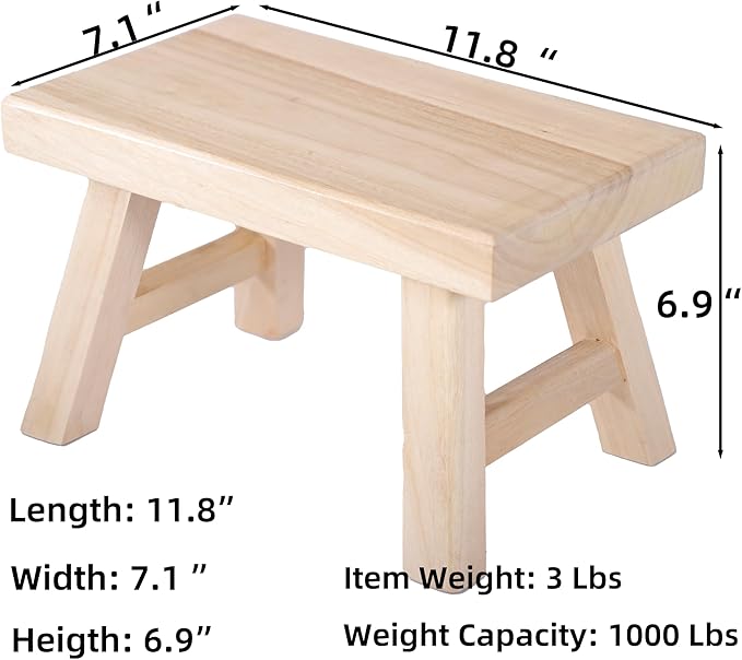 Wooden Step Stool fo Kids Handcrafted Solid Wood Stool with Chamfered Edges, 11" L x 7" H x 7.6" W - Multi-Functional Footrest, Small Step Stool with Anti-Slip Caps - Durable and Sturdy