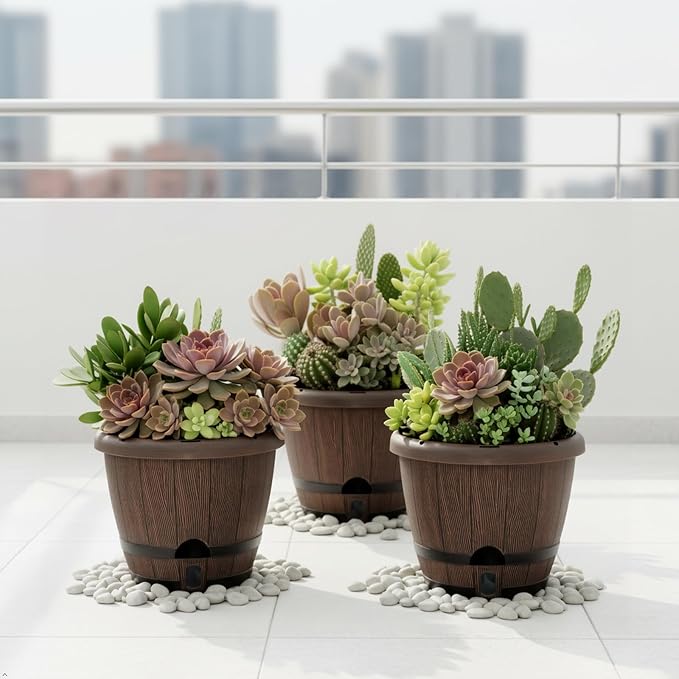 Sun-E 10 Inch Whiskey Barrel Self Watering Planters 3Pack- Brown Wood Grain with Side Water Level Indicator,Drainage Holes,Saucer&Plant Tags for Indoor Outdoor Garden Plants,Decor&Plants Not Included