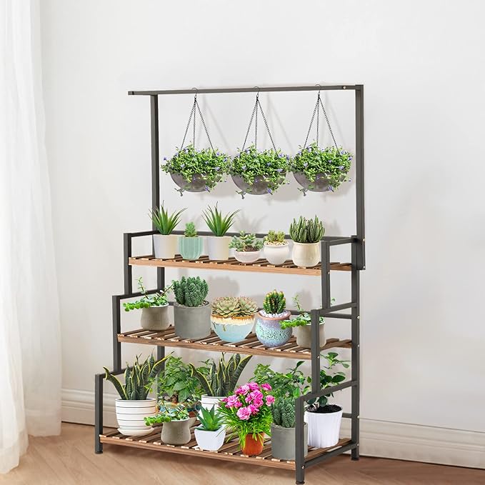ULIKE Plant Stand Outdoor Indoor Hanging Plant Shelf for Multiple Plants 3 Tier Tall Plant Stand Wood Rack with Metal Frame for Patio Garden Balcony