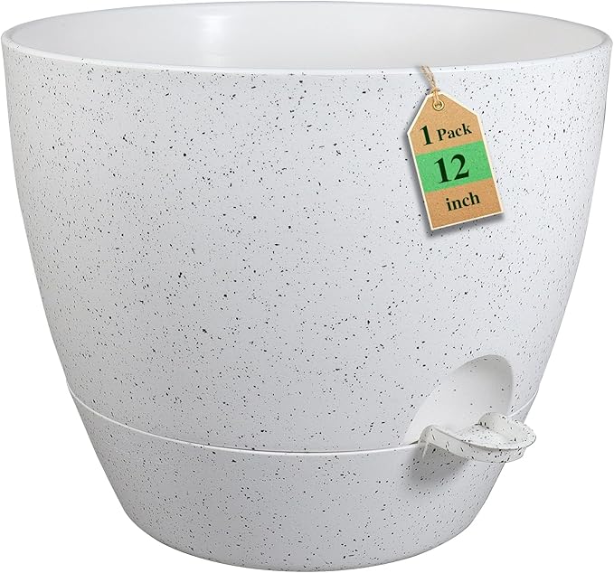 WSMKSZ 12 inch Large Self Watering Pots, Planter, Plant Pots with Multi Mesh Drainage Holes for Indoor Outdoor House Plants and Garden, Plastic Flower Pots with Deep Reservoir, Speckled White