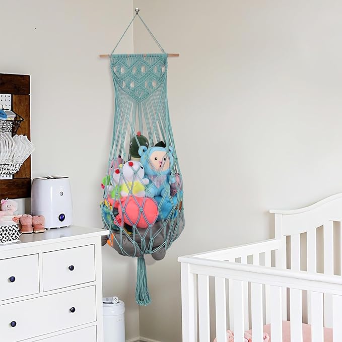 Stuffed Animal Storage Hammock, 63'' Jumbo Boho Macrame Corner Toy Hammock Wall Hanging Net Holder for Nursery Teddy Plushie, Turquoise Plush Toy Net with Star Light for Baby Boys Girls Gift