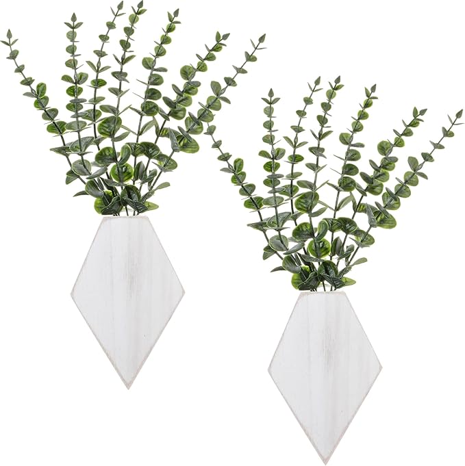 Chunful 2 Pcs Wooden Wall Planter Decor Hanging Fake Plants Greenery Flowers Holder Vase Boxes for Wall Bohemian Farmhouse Room Kitchen Office Indoor Decoration(Retro White,7.1 x 4.7 x 1.2 Inches)