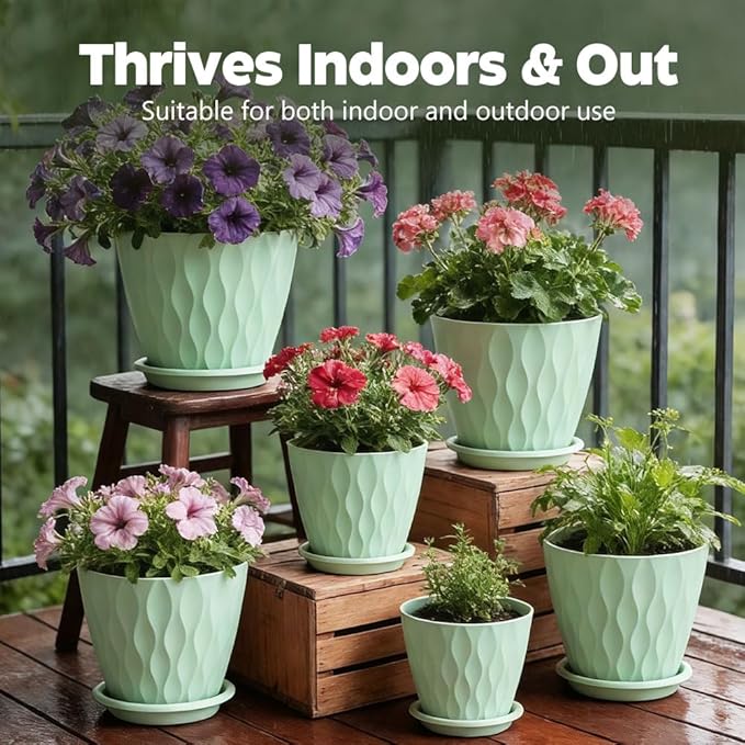 Plant Pots, Self Watering Planters with Drainage Holes and Trays, Flower Pots for Indoor Outdoor - 6 Pack(4/5/6/6.5/7/8 Inch) (Light Green)