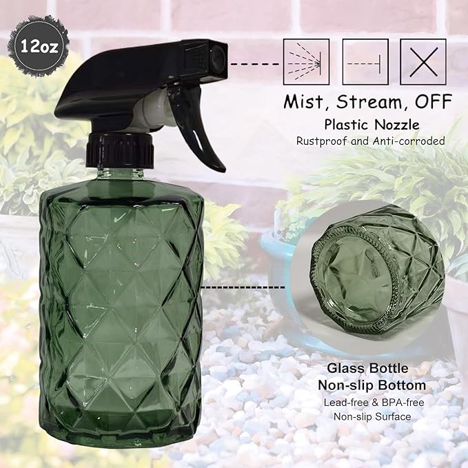 YYTSGG Green Glass Plant Mister Bottle, 12oz Refillable Water Spray Bottle with Adjustable Mist Nozzle for Indoor Flowers, Outdoor Gardening, Cleaning, Hair and Pets Care