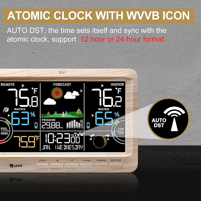 Weather Station Indoor Outdoor Thermometer Wireless, Home Atomic Clock with Large Constant Display, Inside Outside Temperature Humidity Monitor, Dew Heat Point, Barometer (WOOD01)