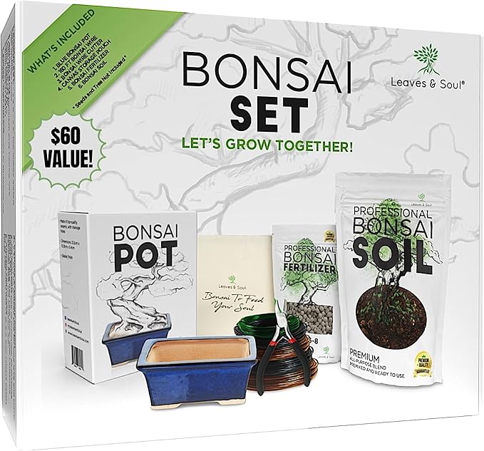 Leaves and Soul Bonsai Kit – Blue Ceramic Pot Set with Soil Mix, 160ft Training Wire, Cutter, Fertilizer & Storage Bag | Complete Beginner Bonsai Starter Set