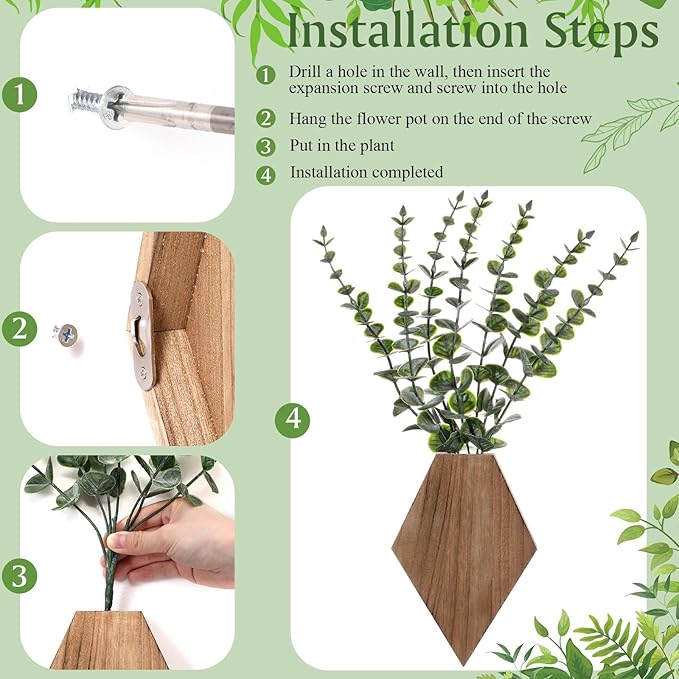 Chunful 2 Pcs Wooden Wall Planter Decor Hanging Fake Plants Greenery Flowers Holder Vase Boxes for Wall Bohemian Farmhouse Room Kitchen Office Indoor Decoration(Wooden Color,7.1 x 4.7 x 1.2 Inches)
