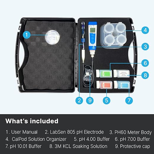 Apera Instruments PH60-PW Handheld pH Meter Tester Kit with LabSen 805 ATC pH Electrode for Lab-Grade pH Measurement in Pure Water and Water Solutions with Low Ionic Strength