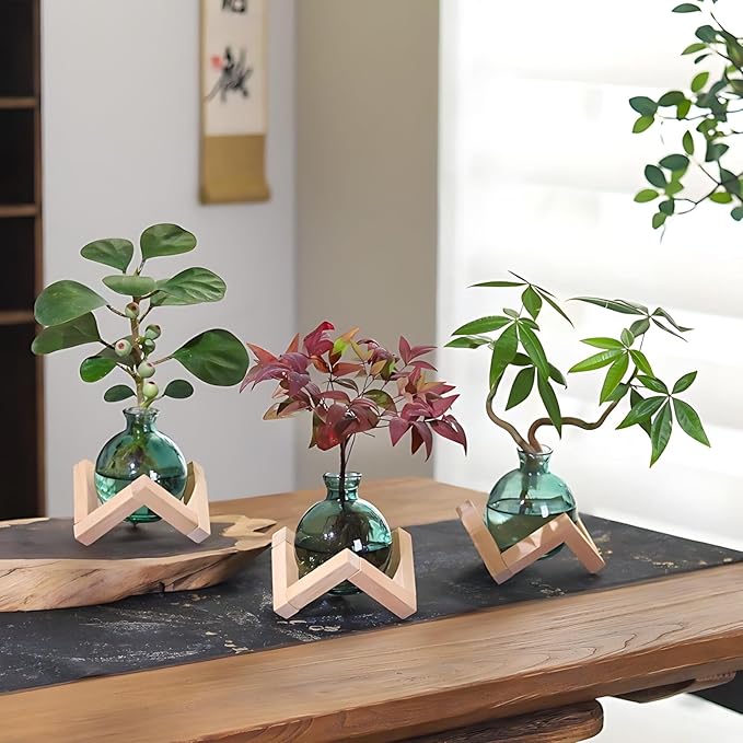 Plant Propagation Station Propagation Vases for Plants Glass Terrariums Vases Bulb with Wooden Stand for Hydroponic Water Plants Indoor, Office Decor Desk Accessories (Green)