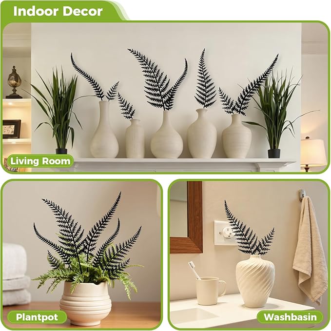KODIBO 7-Pack Garden Stakes, Black Metal Fern Leaf for Indoor & Outdoor Potted Plants, Metal Flowers for Outside, Decorative Outdoor Statues, Minimalist Garden Decorations Yard Ornaments Spring Decor