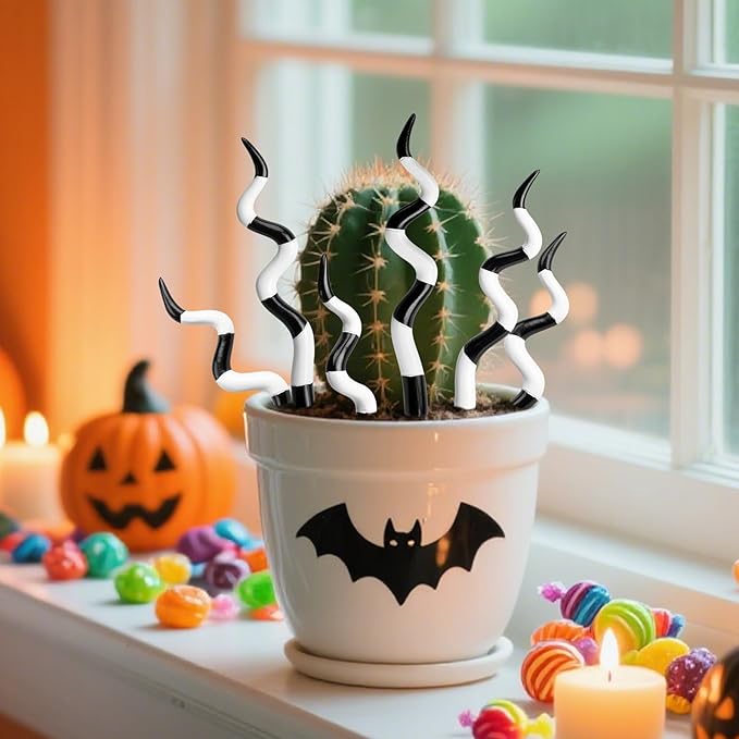 Adnee 15 Pcs Halloween Sandworm Tentacle Plant Stakes,9.5 Inch Spooky Plant Decorative Striped Stakes,Black and White Halloween Floral Picks for Indoor Outdoor Potted Plants