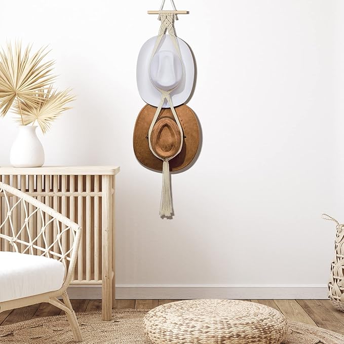 Yulejo Macrame Hat Hangers Boho Hat Rack Cowboy Hat Hanger Back of Door Hat Organizer (White,Two Hats Style)