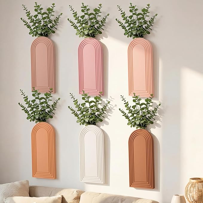 6 Pack Boho Wooden Wall Vase Hanging Wall Planters Decor Modern Farmhouse Plant Holders for Indoor Living Room Bedroom Bathroom Kitchen Home Office Decoration(Light Colors)