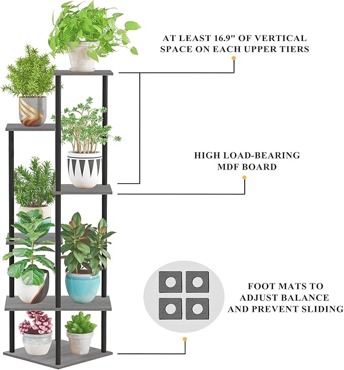 Tall Plant Stand Indoor, 6-Tier Modern Plant Shelf for Multiple Plants, Wood Metal Flower Holder for Living Room Balcony Bedroom, Oak Grey