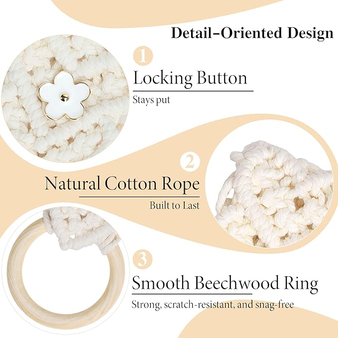 BROWNLILY 4 Pcs Handmade Crochet Towel Holder with Unique Flower Button for Bathroom, Hanging Towel Rack for Kitchen, Macrame Towel Hanger Over The Cabinet Oven Stove Door - Single Ring