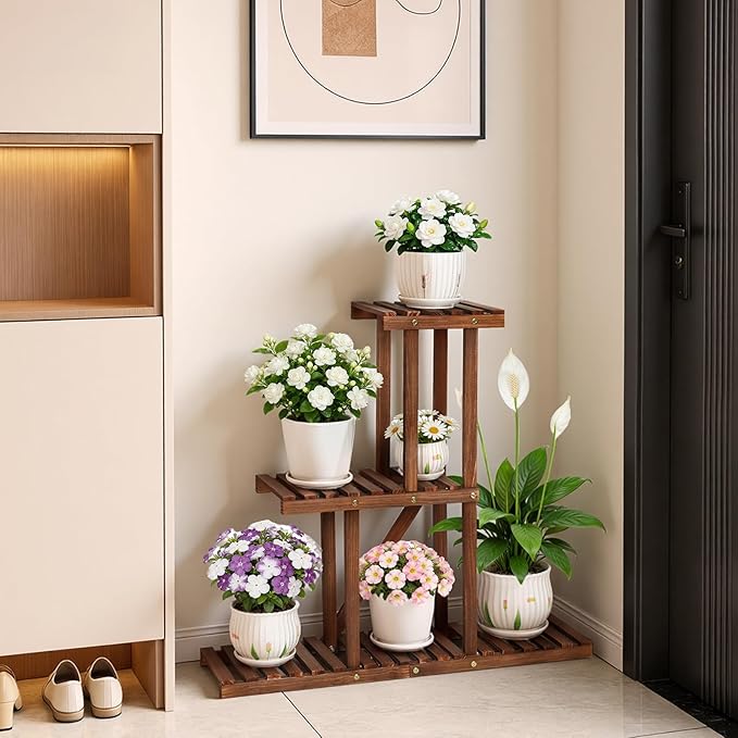 3 Tiered Narrow Wooden Indoor Plant Stand Shelf for Multiple Plants, Corner Flower Stand Shelf Outdoor , House Floor Plant Holder Rack for Living Room Balcony Patio Garden Office,Rustic,Space Saver