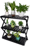 BEEFURNI Acacia Plant Stand Indoor, Wooden Outdoor Plant Stand, Foldable Plant Stand, 3 Tier Conner Space Flower Stand, Plant Ladder Stand (Black)