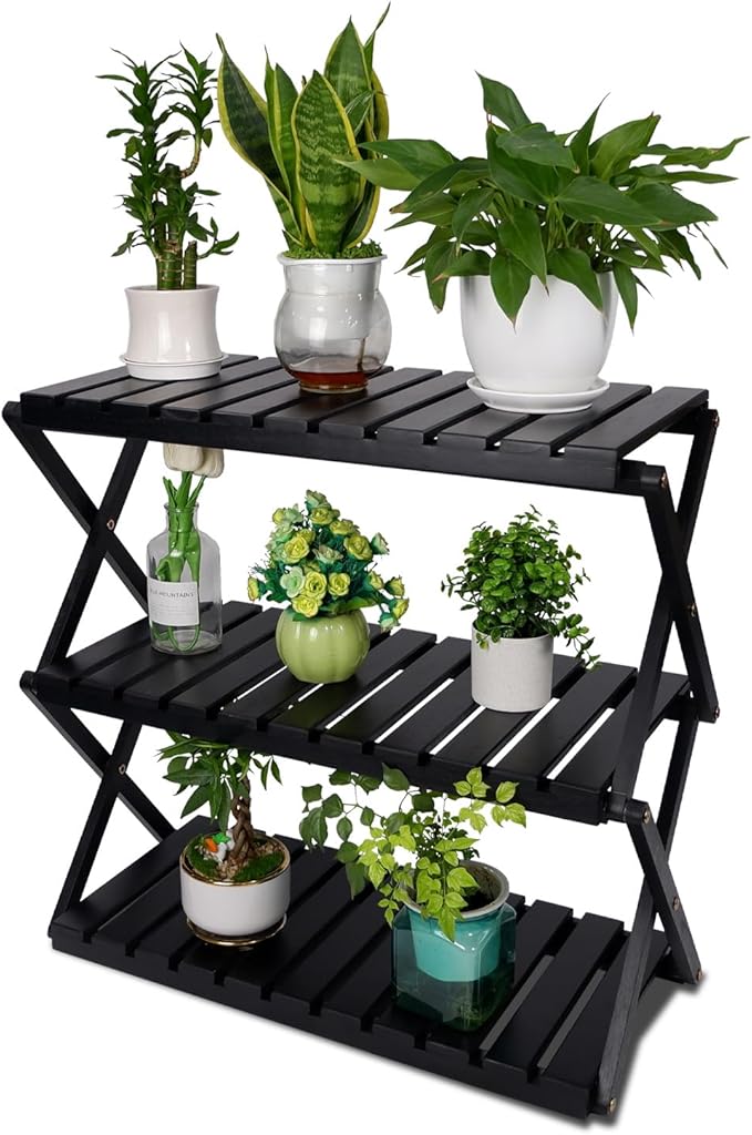 BEEFURNI Acacia Plant Stand Indoor, Wooden Outdoor Plant Stand, Foldable Plant Stand, 3 Tier Conner Space Flower Stand, Plant Ladder Stand (Black)