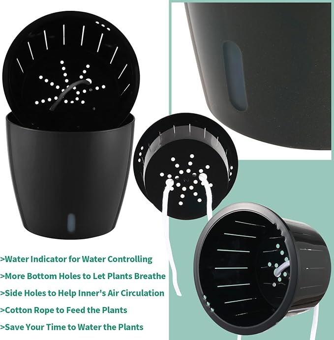 Planterhoma 6.7 Inch Self Watering Pots for Indoor Plants, 6 Packs African Violet Pots with Indicator, Black Wick Pot with Drainage Holes, Self Watering Planters for Orchid, Devil's Ivy, Black