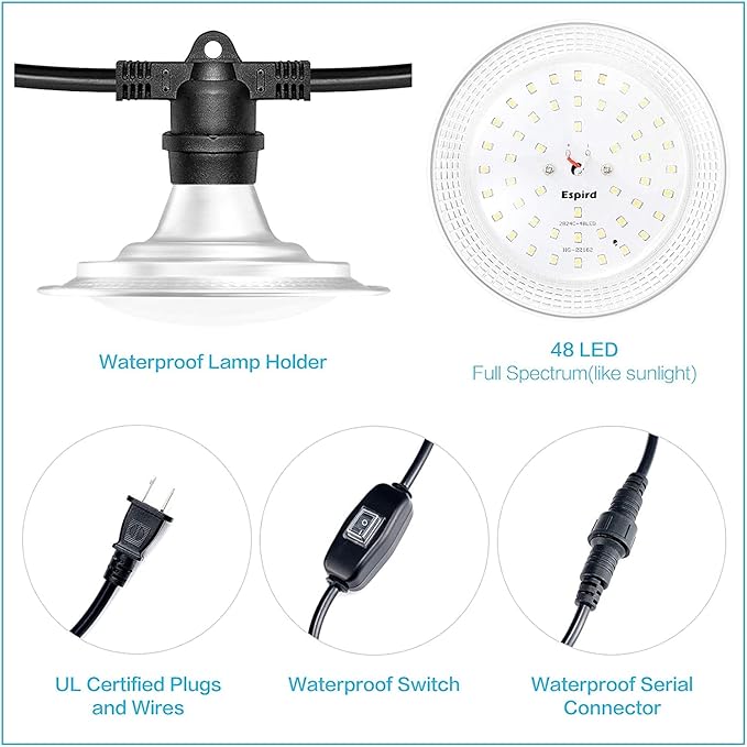 Espird 6-Light LED Grow Light Plant Growing Lamps with Timer, Outdoor Waterproof Grow Light String for Greenhouse, Full Spectrum Grow for Seeding Veg Flowers