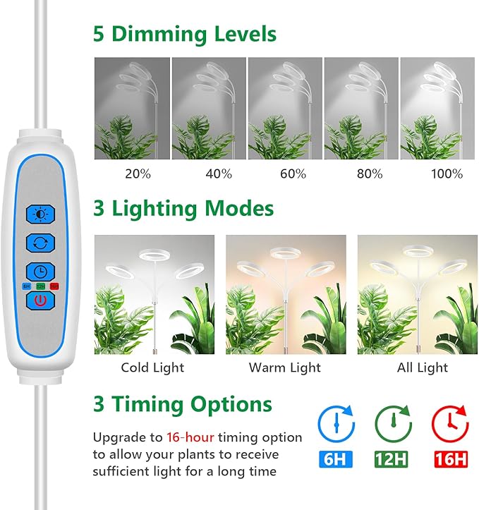 Aumtrly Grow Lights for Indoor Plants, 3 Head Full Spectrum Plant Light with 68" Adjustable Stand for Growing Large Tall Plants, White Halo Floor LED Grow Lamp with 16 Hour Timer