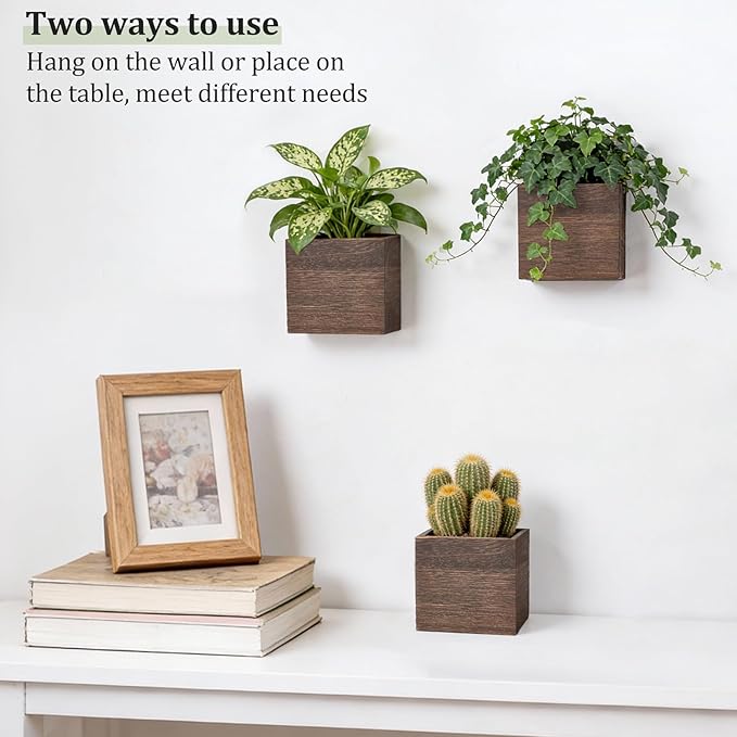 Dahey Small 4 Inch Wood Wall Hanging Planter Boxes for Indoor Plants 3 Pcs Square Rustic Farmhouse Wall Mounted Flower Pot Vases with Plastic Liner for Garden Home Centerpiece Decor(No Plant Included)