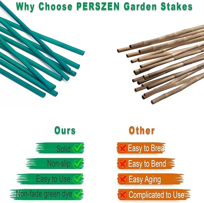 PERSZEN Plant Stakes 50 PCS Garden Green Bamboo Sticks Plant Support Stakes for Indoor and Outdoor Plants, Wooden Sign Posting Flower Pot Garden Stakes(15" 25pcs+17" 25pcs)