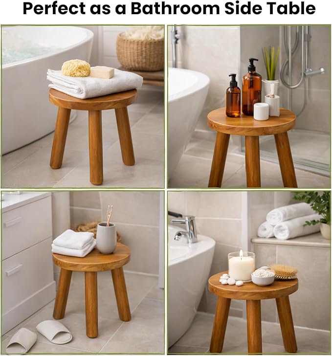 Plant Stool Indoor, Teak Stool for Plants, Bathroom Side Table, Mid-Century Style(12" Tall)