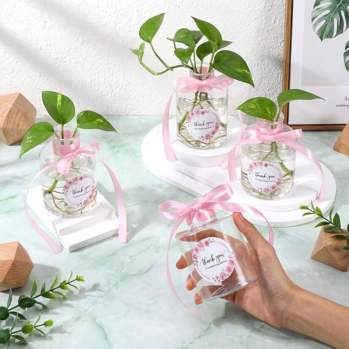30 Set 4.33'' Plastic Plant Propagation Stations Gifts Bulk 4oz Plant Propagation Jars Planter Vase with Thank You Tags and Ribbons for Guests Wedding Bridal Shower(Pink Flowers)