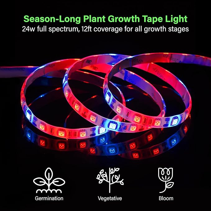 Full Spectrum LED Grow Light Tape, 11.8 ft Flexible Strip Kit for Indoor Plants and Gardening, 24W Plug-in Design, Water Resistant