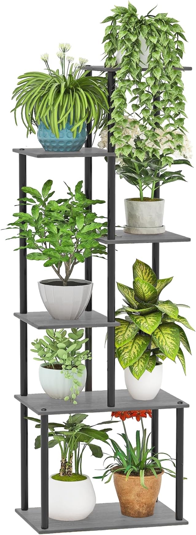 Plant Stand Indoor, 6-Tier Tall Plant Shelf Multiple Metal Wood Flower Pot Holder for Living Room Office Balcony Patio, Oak Grey
