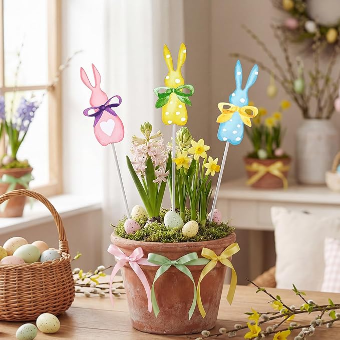 3 Pack Pastel Easter Planter Stakes Bunny Shaped Garden Signs Polka Dot Rabbit Decorative Spring Plant Sticks Bunny Outdoor Decor for Easter Patio Yard Lawn Planter Supplies