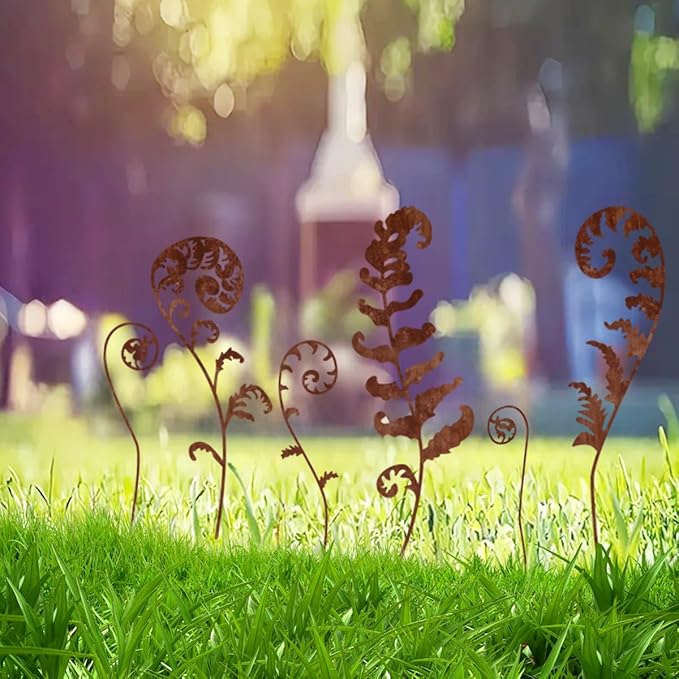 Metal Fowers for Outside,Set of 6 Fern Plants Garden Stakes Decorative Statues,Yard Art Outdoor Plant Decorations for Indoor Potted Plant Pots (Brown)