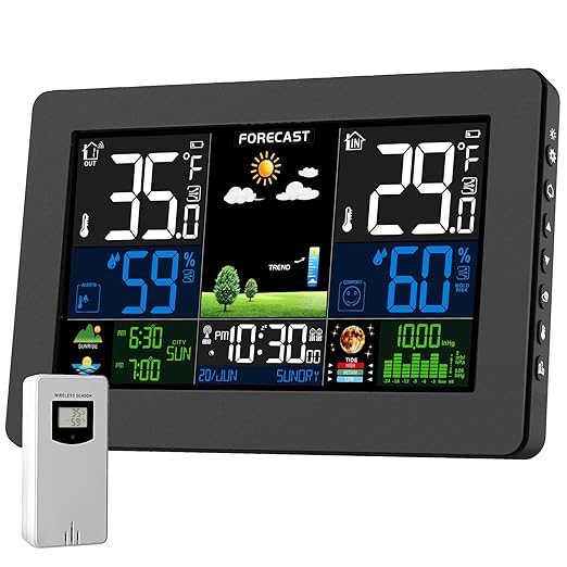 Weather Station Wireless Indoor Outdoor, Digital Thermometer with Remote Sensor, Large Display Home Weather Stations with Weather Forecast, Atomic Clock, Barometric Pressure, Moon Phase