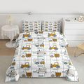 Feelyou Construction Truck Comforter Set Twin Kids Machinery Truck Excavators Vehicles Comforter for Boys Cartoon Tractor Bedding Set Excavator Tractor Plaid Grid White Duvet Set with 1 Pillow Case