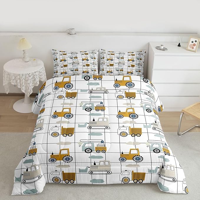 Feelyou Construction Truck Comforter Set Twin Kids Machinery Truck Excavators Vehicles Comforter for Boys Cartoon Tractor Bedding Set Excavator Tractor Plaid Grid White Duvet Set with 1 Pillow Case