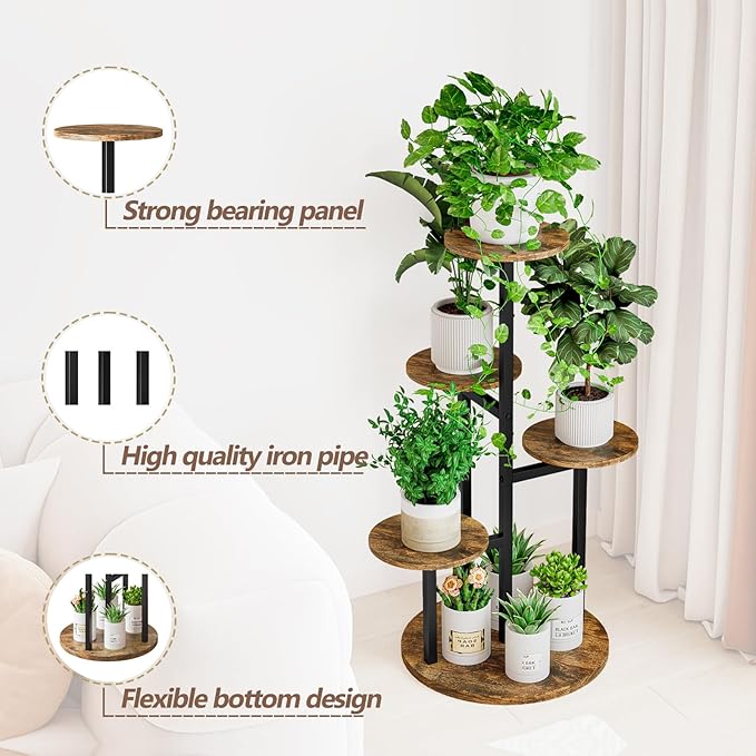 INGIORDAR Plant Stand Indoor Outdoor Corner Plant Shelf for Multiple Flower Pots Flower Stand Holder for Patio Garden Balcony Living Room (Black+Rustic Brown, 5 Tier)
