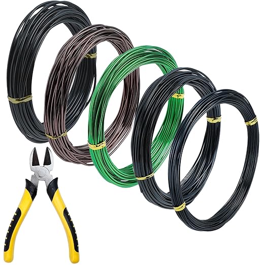 5 Roll Bonsai Wires, Anodized Aluminum Bonsai Training Wire with Wire Cutter, 3 Colors and 3 Sizes (1mm, 1.5mm, 2mm), Total 160 Feet, Aluminum Wires for Indoor Garden Small Trunks DIY Tools