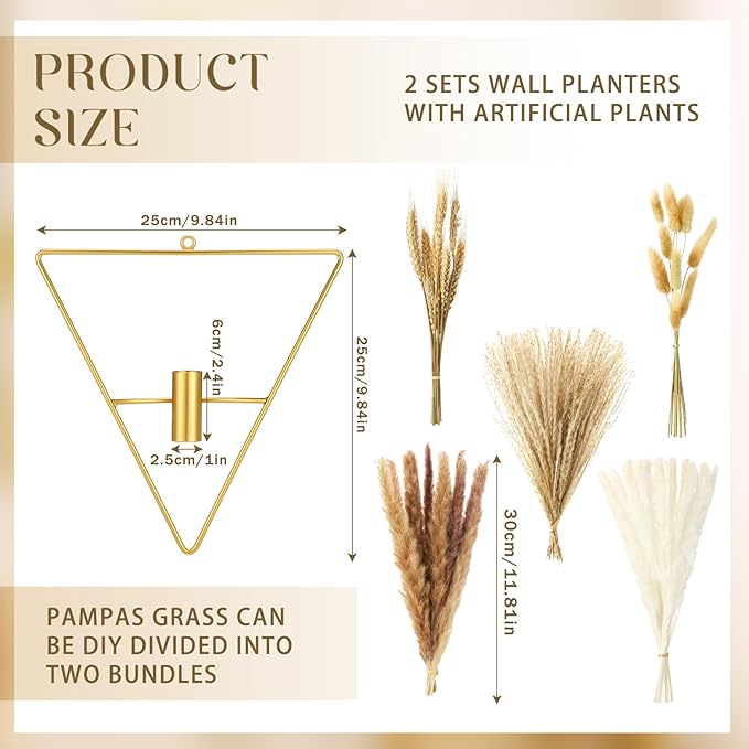 Peryiter 2 Pcs Gold Wall Decor Boho Pampas Hanging Planters with Artificial Pampas Wall Mounted Metal Modern Home Decor Display Art Bedroom Bathroom Living Room(Triangle)
