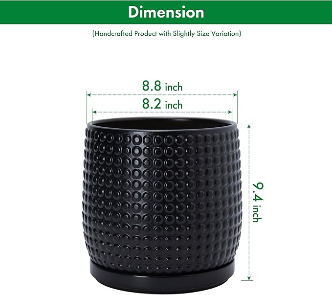D'vine Dev 8 Inch Ceramic Beaded Stoneware Planter Pot - Flower Pot with Drainage Holes and Saucers for Indoor Succulent Plants or Flowers, Ebony Matte, 27-C-Q-6
