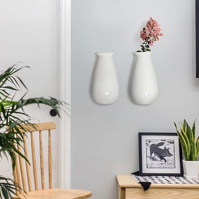 Hanging Ceramic Planters for Indoor Plants, Set of 2 Wall Mounted Planters, White Ceramic Pots for Indoors, Wall Hanging Planter for Living Room, Bedroom, Garden, Home Décor, Plant Hanger for Balcony