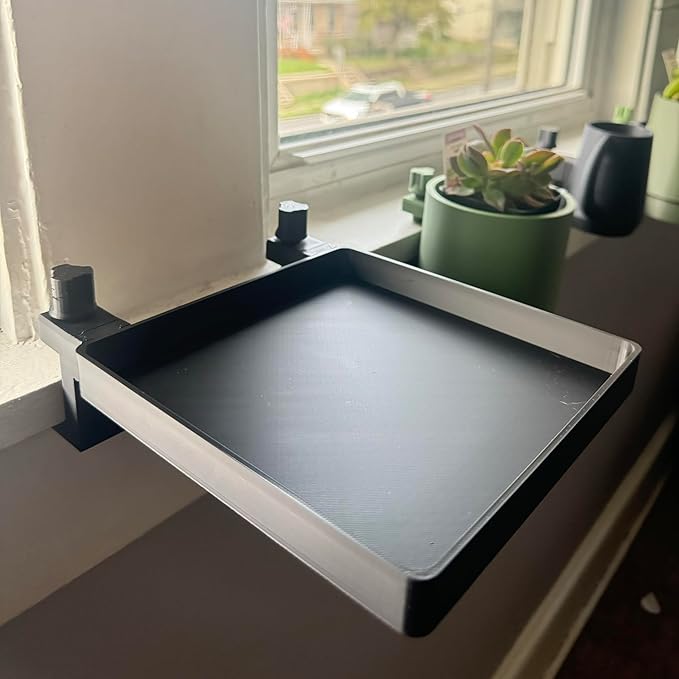 Windowsill Plant Shelf with Clamps, 6x6 Detachable Tray, Clamps fit 0.5 to 1.25 Inch Flat Non-Curved Ledges, 3D Printed Plastic, Perfect for Small Plants, Antennas, Radios, Pots
