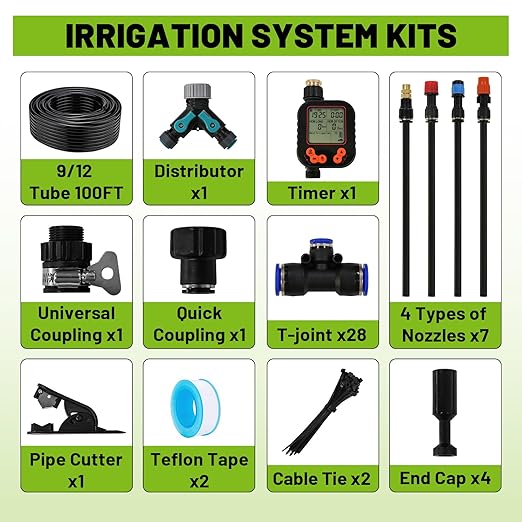 100FT Drip Irrigation Kit - 28 Adjustable 360° Nozzles & T-Connectors for Garden, Lawn & Plant Watering System