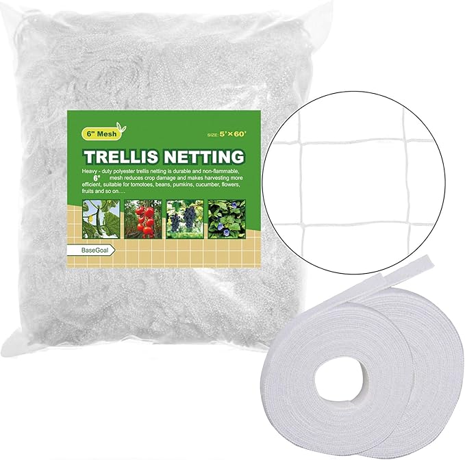 BaseGoal All-Weather Trellis Netting Mesh Plant Garden Vine Growing Flexible String Net (6" Mesh ployester, 5' Wx 60'L)