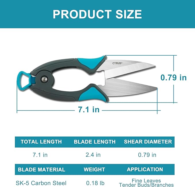 CYRUS 7" Pruning Shears Flower Shears Bonsai Shears Pruning Snips Small Gardening Scissors Carbon Steel Blades for Indoor Plants, Fresh Flower Cutting, Hydroponics
