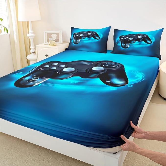 Feelyou Gamer Bedding Set Twin Size for Boys Kids Bed Sheet Set Gaming Video Game Sheets Set Lightweight Breathable Men Teens Game Room Decor Sheet, 1 Fitted Sheet + 1 Flat Sheet + 1 Pillow Case